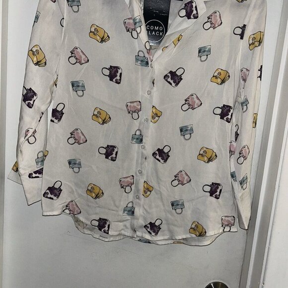 Como Black White Long Sleeve Button Up Multi Color Purse Print Blouse Size Small - Picture 4 of 9